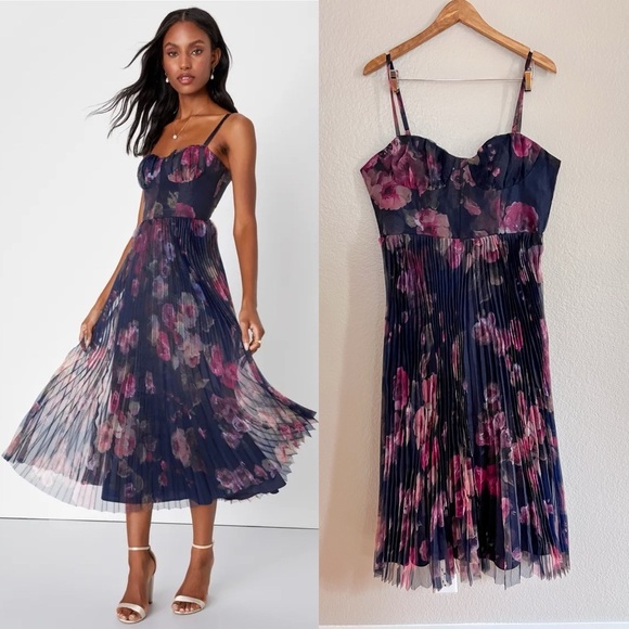 Alluring Invite Midnight Blue Floral Pleated Bustier Midi Dress